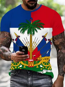 Men's Summer New Haiti Flag Emblem Printed Fitted Short Sleeve T-Shirt, Casual Round Neck Top, Multifunctional Cultural Tropical Streetwear for Daily Wear