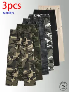 3-pack men’s long pants: camouflage cargo straight-leg pants, loose wide-leg athletic pants, featuring elastic drawstring and side pocket design. Available in multiple colors, suitable for everyday casual wear, holiday outings, and outdoor hiking.