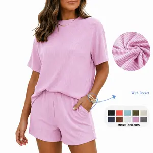 Youmi clothes Summer Women's Ribbed Textured Knit Short Sleeve Top and Shorts Set, Casual Loungewear, women's 2 piece sets, short sets for women, summer outfits set