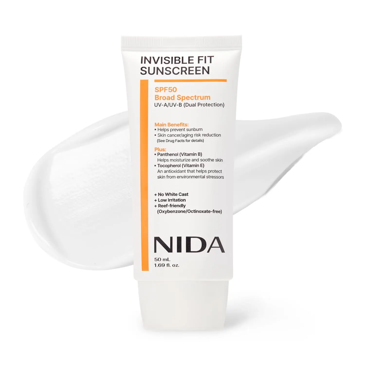 NIDA Invisible Fit Sunscreen SPF 50 Broad Spectrum UV-A/UV-B Protection | No White Cast, Low Irritation, Hydrating Lotion-like Lightweight Glow Sunscreen for All Skin Types | 1.69 fl. oz., 50ml