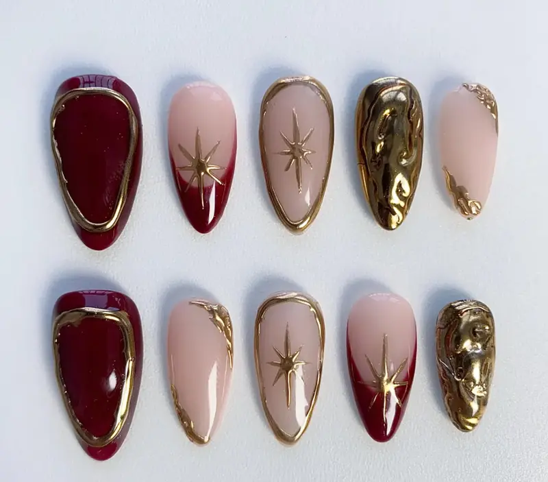 Gold 3D Chrome Nails/French Angora Red Press on nails short almond nails/Fall nails/Birthday Nails/Sun Star Nails/Burgundy nails Damontaerichmondnails