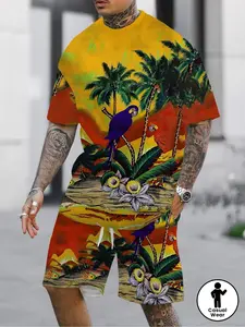 Men's Tropical Print Short Sleeve Set, Casual Summer, Menswear, Coconut Parrot Pattern Beachwear, Graphic Tee and Shorts, Fashion Vacation Wear, Outfit