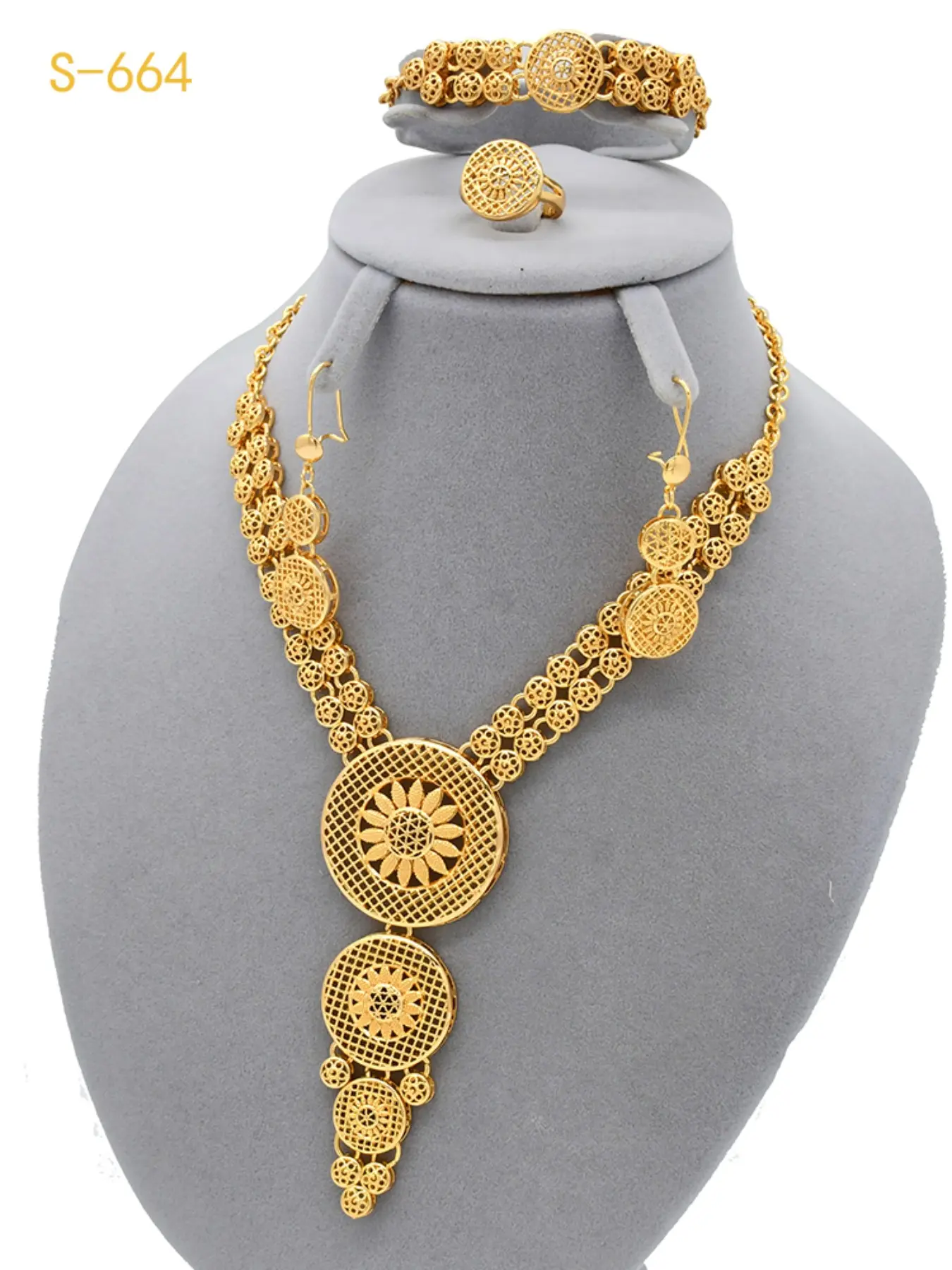 African Gold Plated Jewelry Set for Women, 4-Piece Long Dubai Arabic Style Necklace Bracelet Ring Earrings, Party Accessories Gift Wedding Jewelry, Wedding Sets