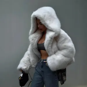 Hooded Faux Fur Coat With Fox Fur Trim