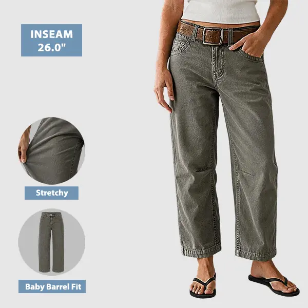Flamingals Solid Mid Waist Straight Leg Cropped Pants Without Belt Womenswear Stretchy 26" Inseam