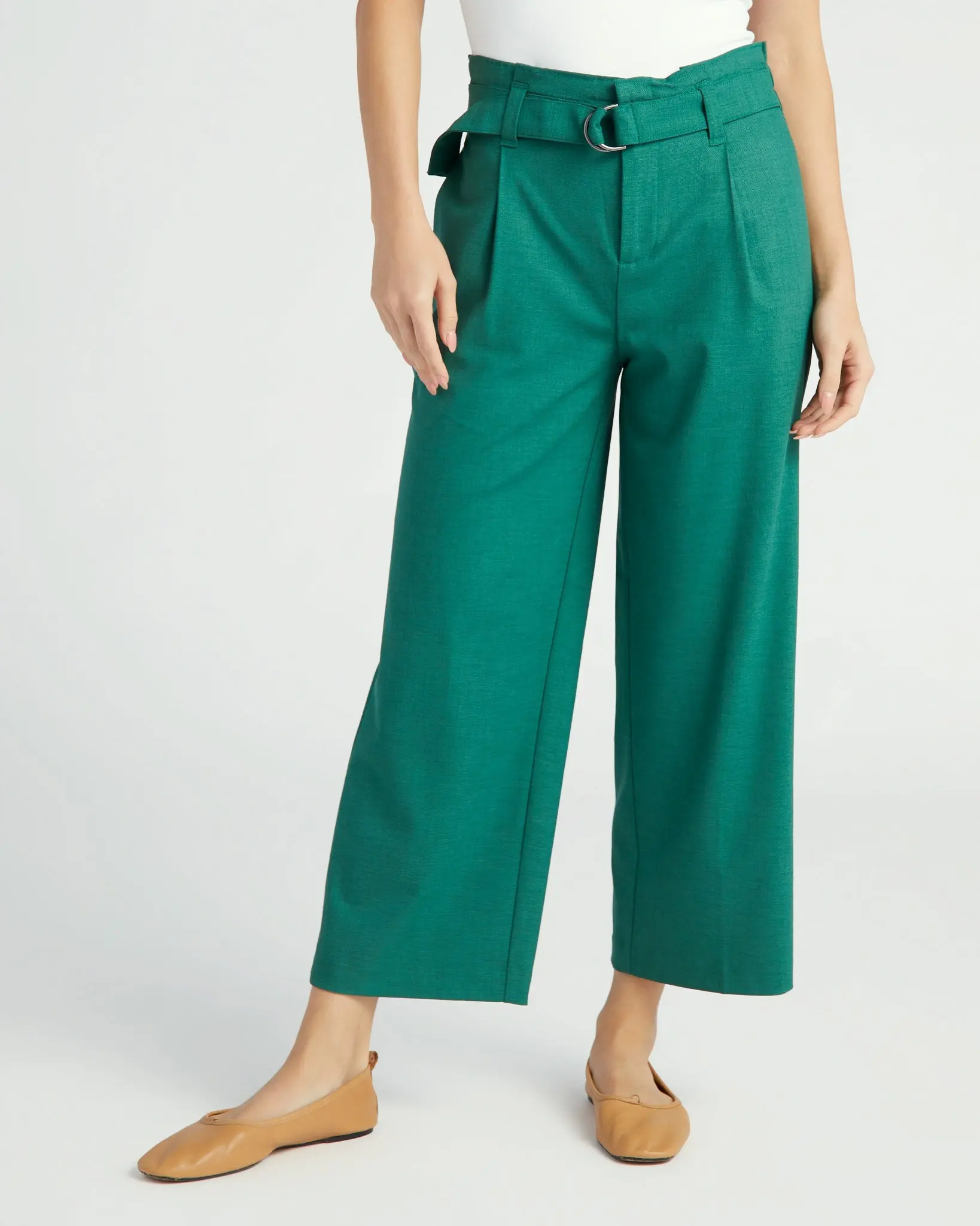 Women's Belted Paperbag Wide Leg Knit Bottoms - Adjustable, Lightweight, Cropped, Pants, Paperbag Cut