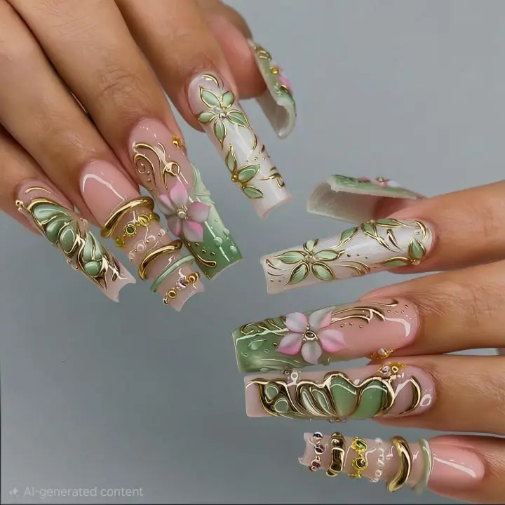 [ Summer Glam Sale - Luxury Press On Nails ] Premium Handmade Long Coffin Press On Nails – 3D Floral Gold Metallic Emerald Green Fake Nails Full Set