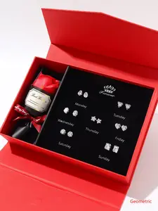 7 Pairs Eternal Flower Gift Box Set Heart Zircon Stud Earrings, Stainless Steel Rhinestone Geometric Design, Perfect Gift for Girlfriend, Stud Earring Jewelry, Ear Studs