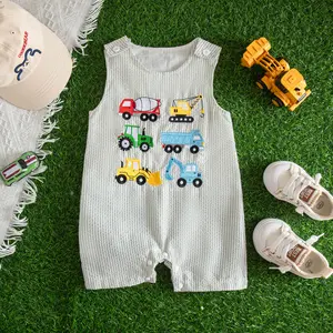 Infant Baby Boy Sleeveless Striped Romper with Construction Trucks Embroidery, Casual Summer Outfit