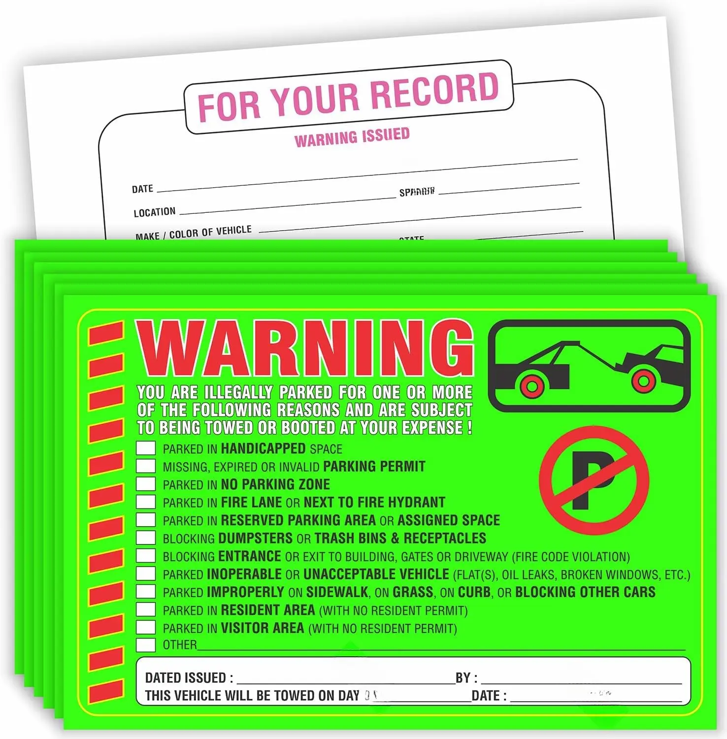 Parking Violation Stickers Notice (Pack of 50) Tow  You are Illegally Parked Multi Reasons - Large Size 6" X 9"  Green