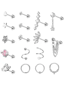 Helix Piercing Earrings Women's Surgical Steel Stud Earrings Tragus Piercing Ear Nose Ring Nose Piercing Hypoallergenic Earrings Set for Multiple Ear Holes 16G Pack of 17