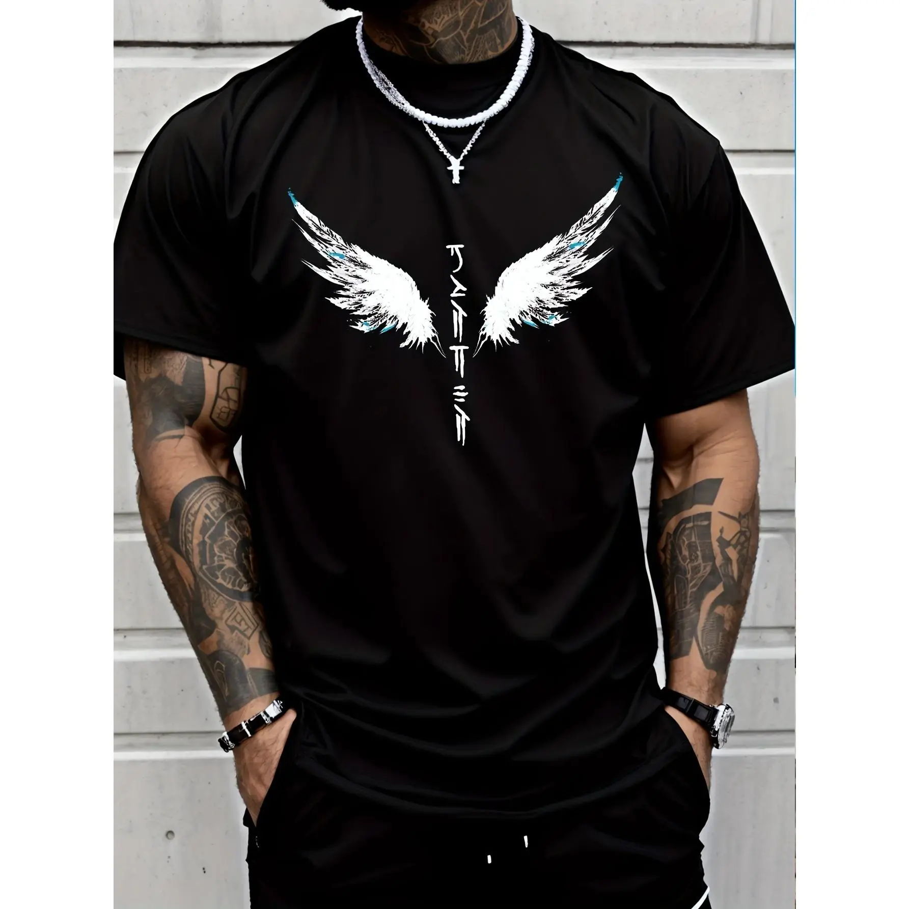 Men's Graphic T-Shirt with Angel Wings & Japanese Calligraphy, Stylish 100% Cotton Relaxed Fit Short-Sleeve Tee for Casual Outdoor Streetwear