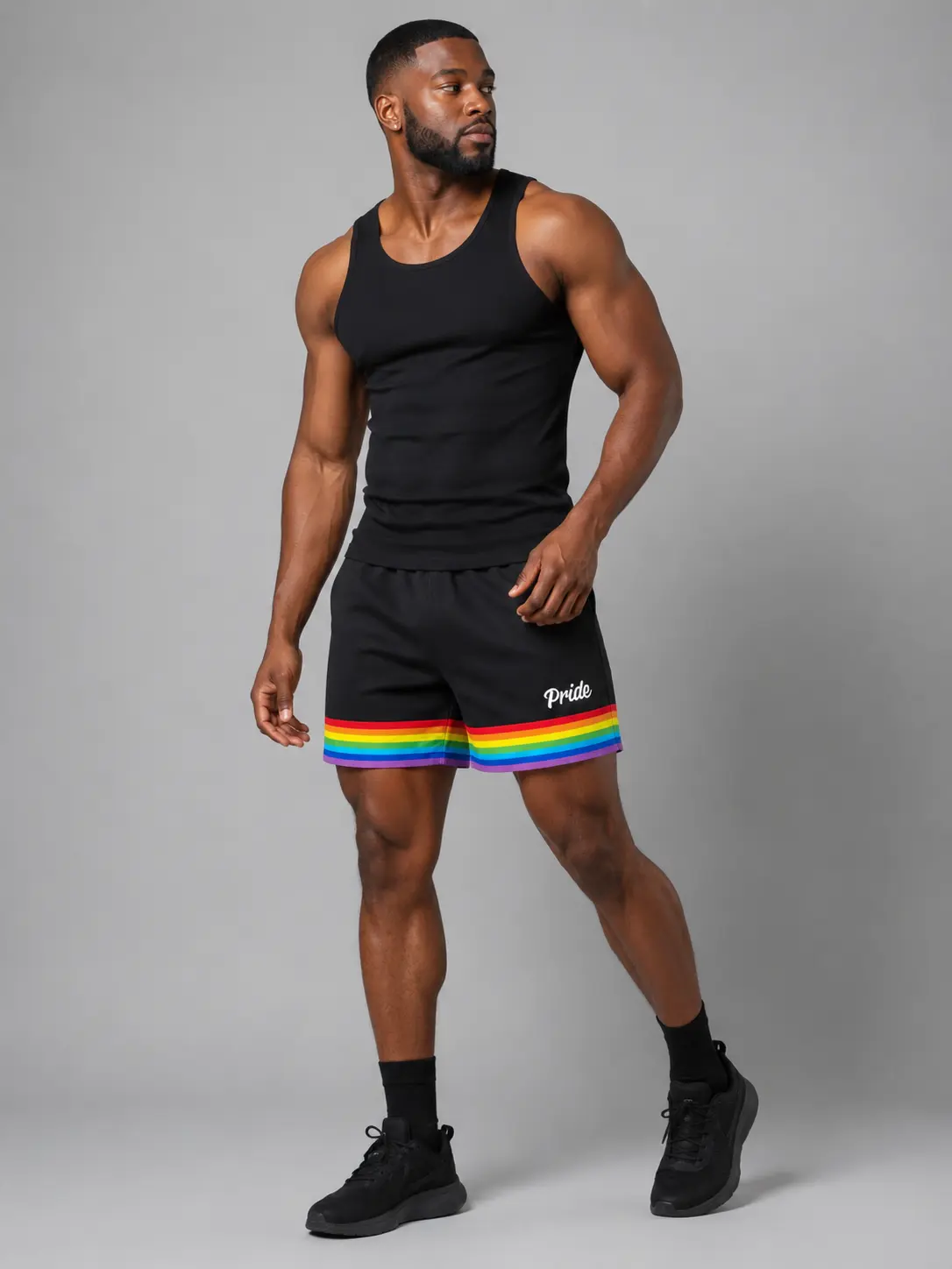 THICK THIGH TRIBE Black Pride Power Stride Shorts Rainbow Trim Unisex Fit XS-3XL Drawstring Waist Machine Washable