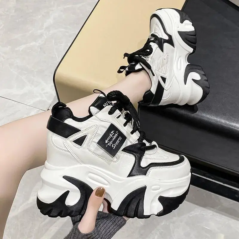 Women's Platform Sneakers Wedges Heels Thick Sole Leather Black Chunky Sneakers Woman Lace-up Height Increase Shoes Ladies Trainer Training