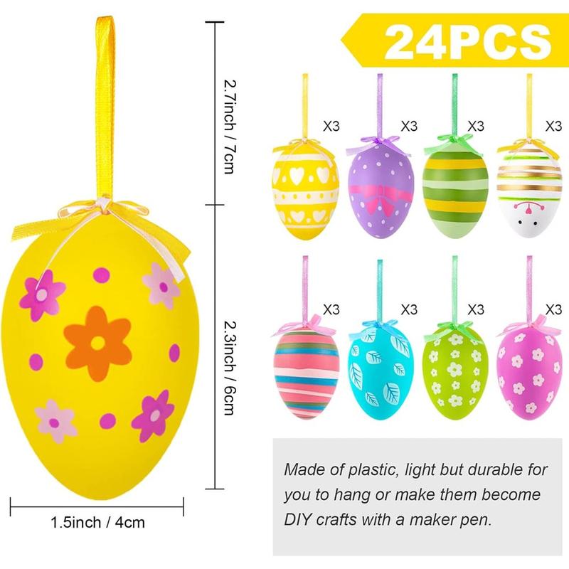 24 Easter Eggs Plastic Hanging Decorations, Colorful Hand-Painted DIY Crafts, Tree Ornament Set, Random Style, Hanging Ball Design