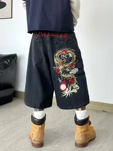 Summer New Letter Dragon Embroidered Men's Jeans, Trendy Loose-Fit Shorts, Comfortable Wide-Leg Pants, No Belt/accessories Included