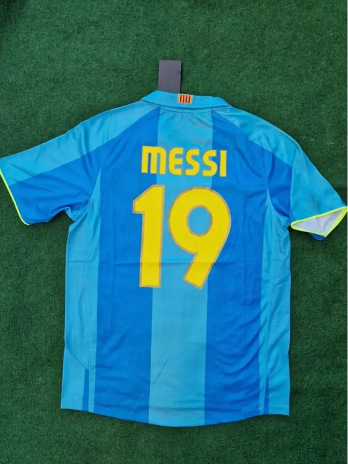 M10 #19 2007–2008 Light Blue Retro Football Jersey – Yellow Number Design, Short Sleeve, Forward, Full Printed