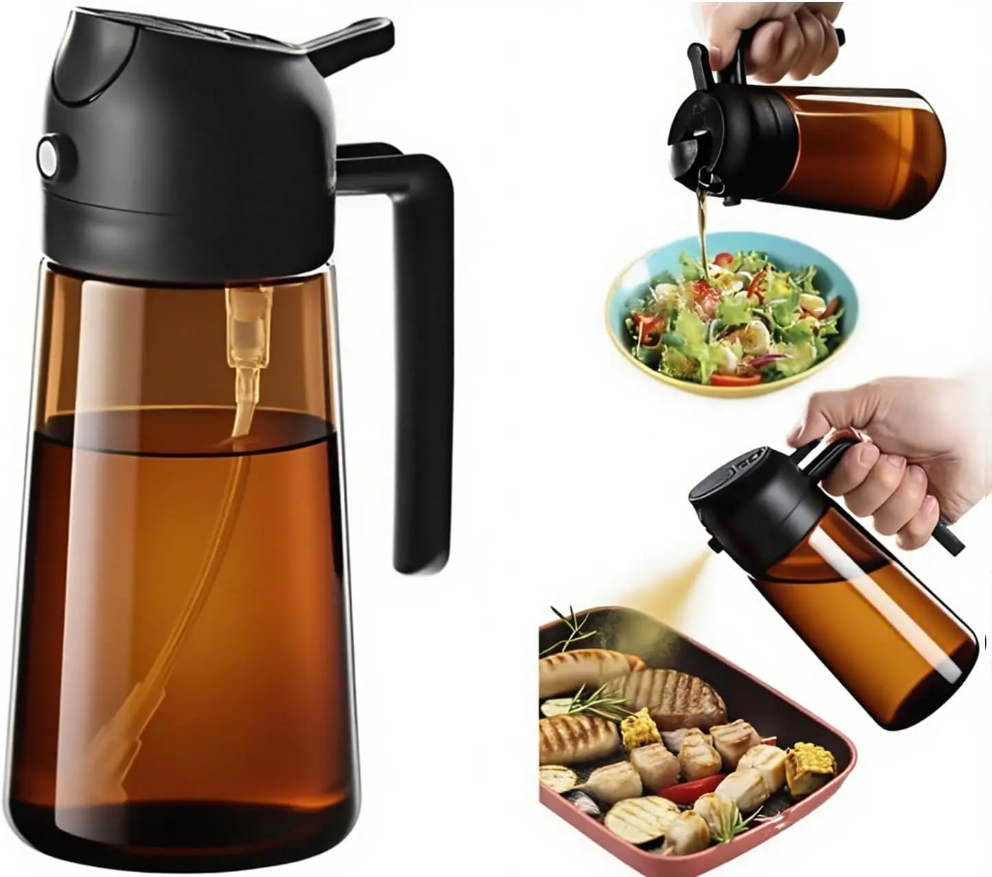 16oz/470ml Glass Olive Oil Sprayer for Cooking, 2 in 1 Oil Dispenser for Kitchen Spray and Pour, Premium Light-Blocking Oil Bottle, Food-Grade Spray Bottle, for Salad, Air Fryer, BBQ (Green)