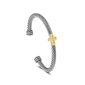 Aprilery Cross Charm Twisted Cuff Bracelet – Textured Cable Band, Sparkling Accent Cross, Open Adjustable Fit, Eye-Catching Minimalist Style