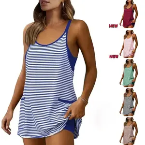 Women's Summer Athletic Mini Dress Sleeveless V Neck Built-in Shorts Striped Tennis Workout Vacation