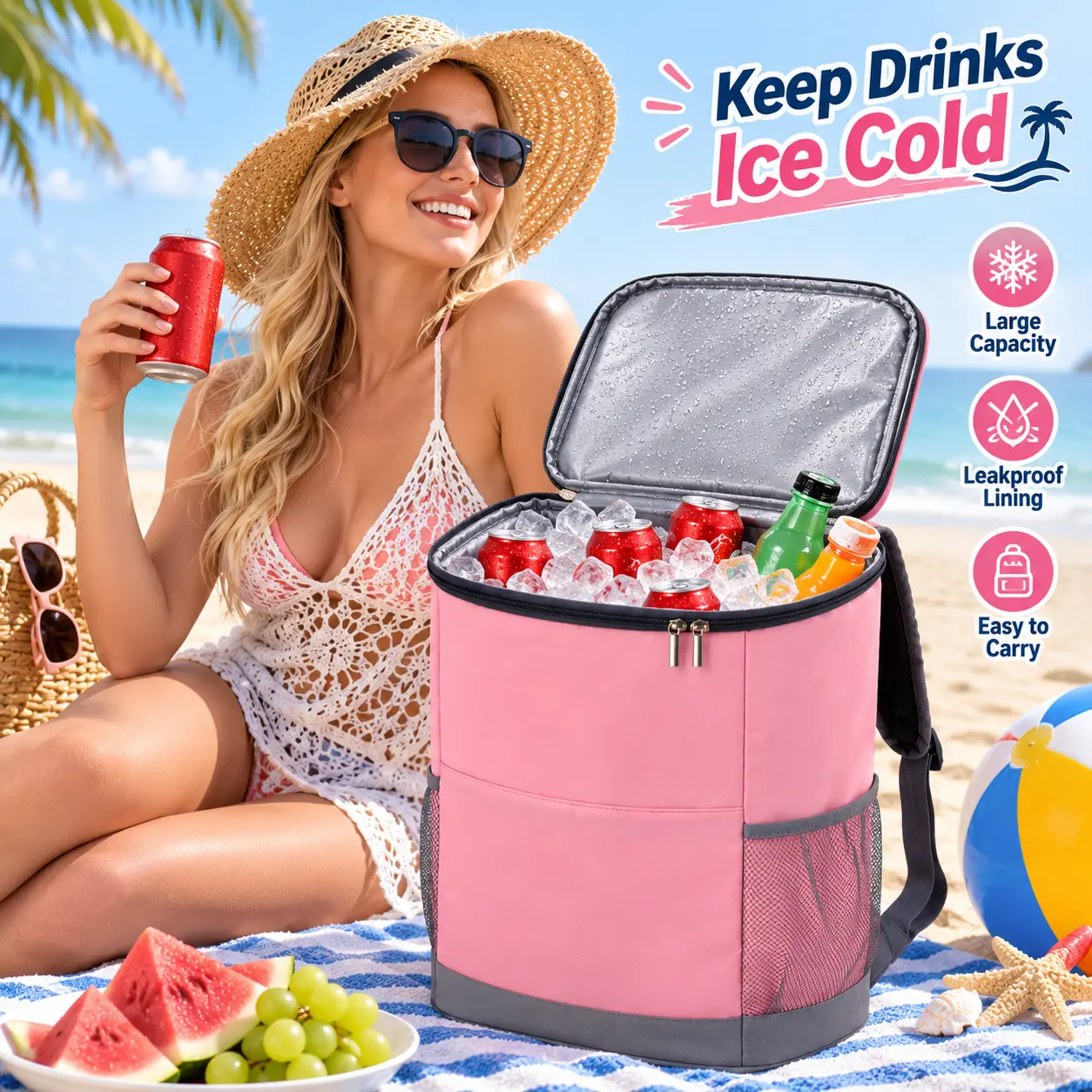 Insulated Cooler Backpack, 20 Can Leakproof Soft Cooler Bag, Waterproof Thermal Lunch Backpack, Large Capacity Ice Cooler for Beach, Picnic, Camping, Hiking, Travel, Fishing