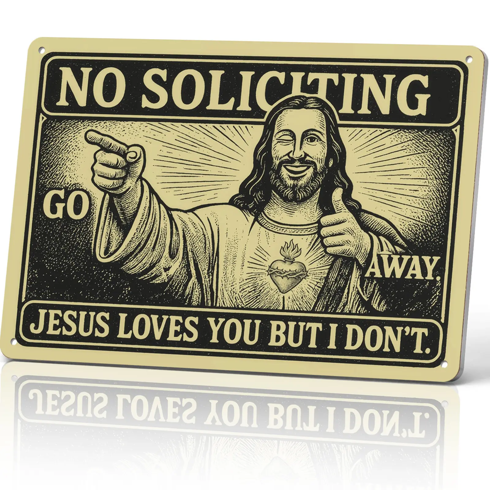 No Soliciting Jesus Loves You But I Don't 12x8 Inch Aluminum Metal Sign - Sarcastic Home Entryway Wall Decor for Porch, Door, and Front Yard - Funny Tin Sign Gift for Homeowners & Anti-Soliciting Fans Signage Vintage Garage Signs