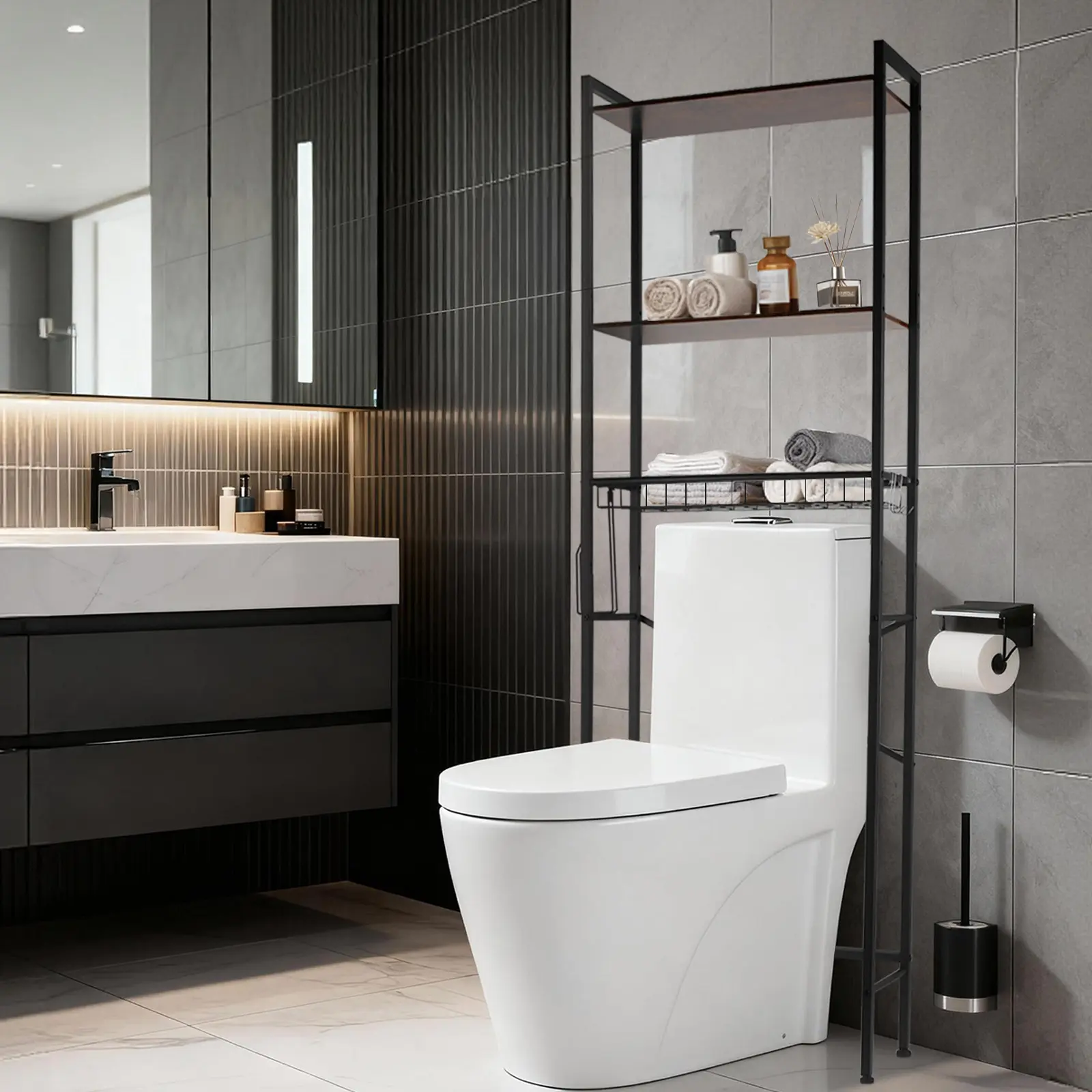 SENROB Over The Toilet Storage Cabinet, 3-Tier Metal Bathroom Organizer & Above Toilet Shelf | Freestanding Behind Toilet Rack for Toilet Paper, Towels, Toiletries | Easy Assembly, Space-Saving for Small Bathroom, Apartment, Dorm