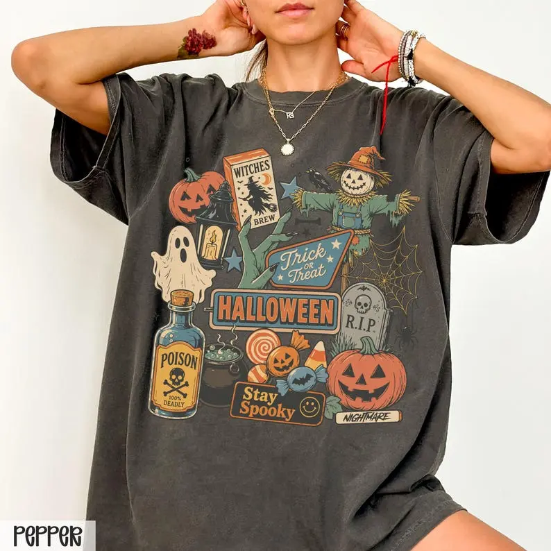 Vintage Halloween Comfort Colors Shirt, Women's Spooky Season Graphic Tee, Pumpkin Ghost Scarecrow T-Shirt, Retro Halloween Party Shirt, Cute Fall Halloween Apparel