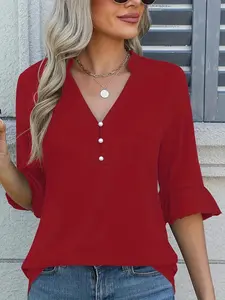 Women's V Neck Pearl Button Midi Sleeve Top Blouse, Loose Fit Slimming Ruffle Commuter Casual Style, All Seasons Plain Pattern
