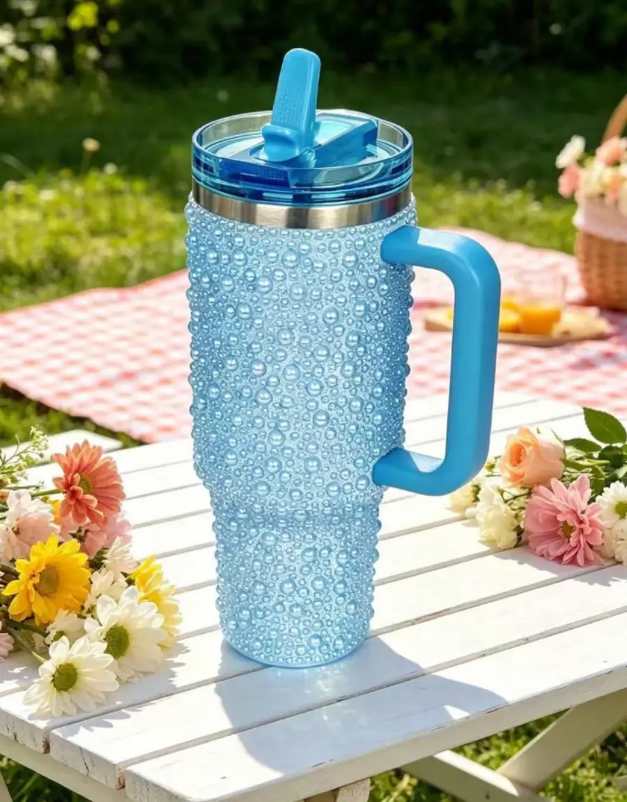 40oz Pearl Diamond Stainless Steel Insulated Tumbler Leakproof Straw Lid Reusable Travel Mug Hot Cold Cup