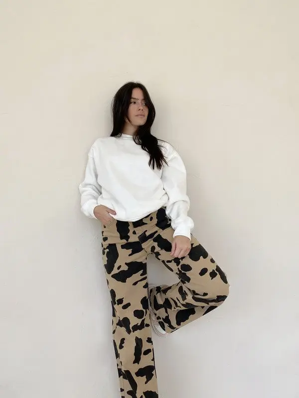Kelly Tan Cowprint Straight-Leg Pants