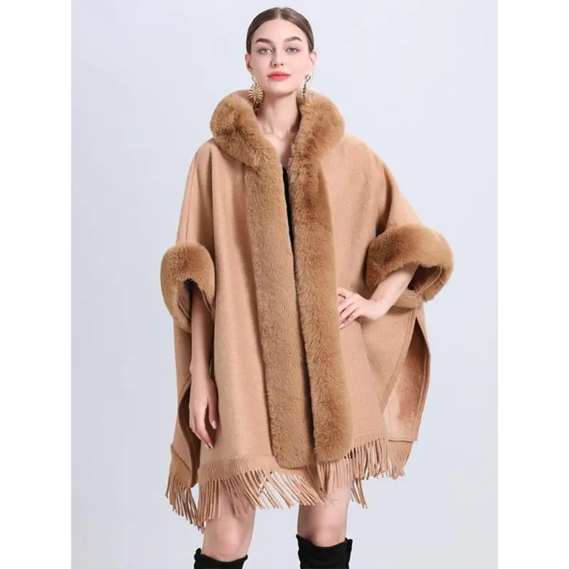 Women's Solid Color Tassel Trim Hooded Cape Shawl, Casual Warm Fuzzy Long Shawl for Fall & Winter, Fashion Accessories for Women & Girls scarf for women scarf head wrap