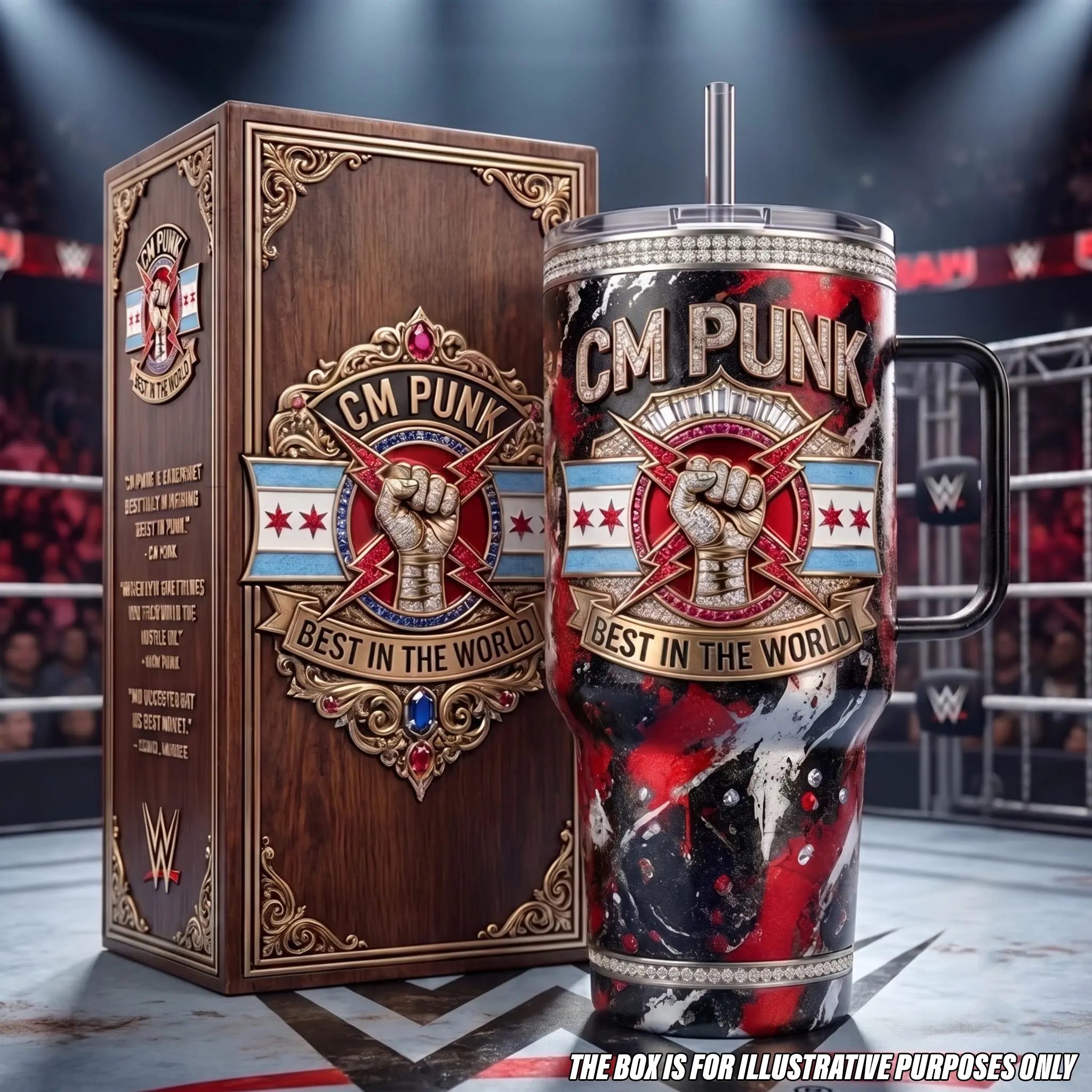 CM Punk Best in the World Tumbler with Handle, 40oz Insulated Stainless Steel Travel Mug Straw, Chicago Fist Logo WWE Wrestling Car Cup, Sports Entertainment Drinkware, Classic Wrestling Merchandise Collectible CM Punk WWE Fans