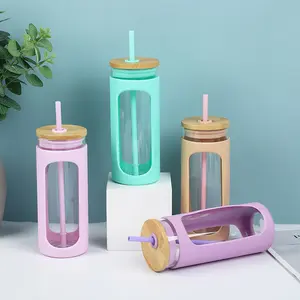 20oz Borosilicate Glass Tumbler with Bamboo Lid & Straw, Reusable Wide Mouth Iced Coffee Smoothie Cup, BPA-Free Glass Water Bottle with Protective Silicone Sleeve