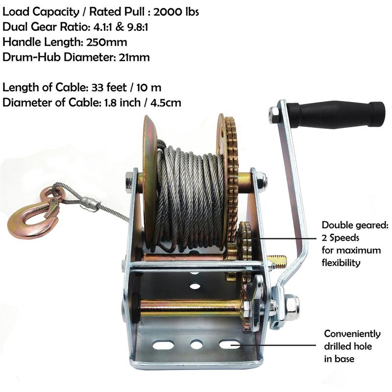 2000Lbs Dual Gear Hand Winch Towing Boat Trailer w/ 33FT Steel Cable Hand Crank