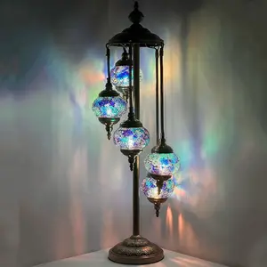 Deep Sea Blue Turkish Lamp with Quintuple Mosaic Globes