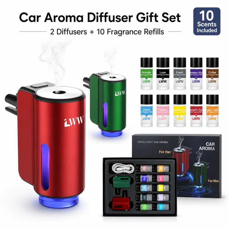 LWW Modern Sleek Designer Metal Couples Car Fragrance System Gift Set - Dual Diffusers, 10 French Oils, 3-level intensity, USB Rechargeable, Woody & Floral Fruity Car Scents, Floral Fruity Scent
