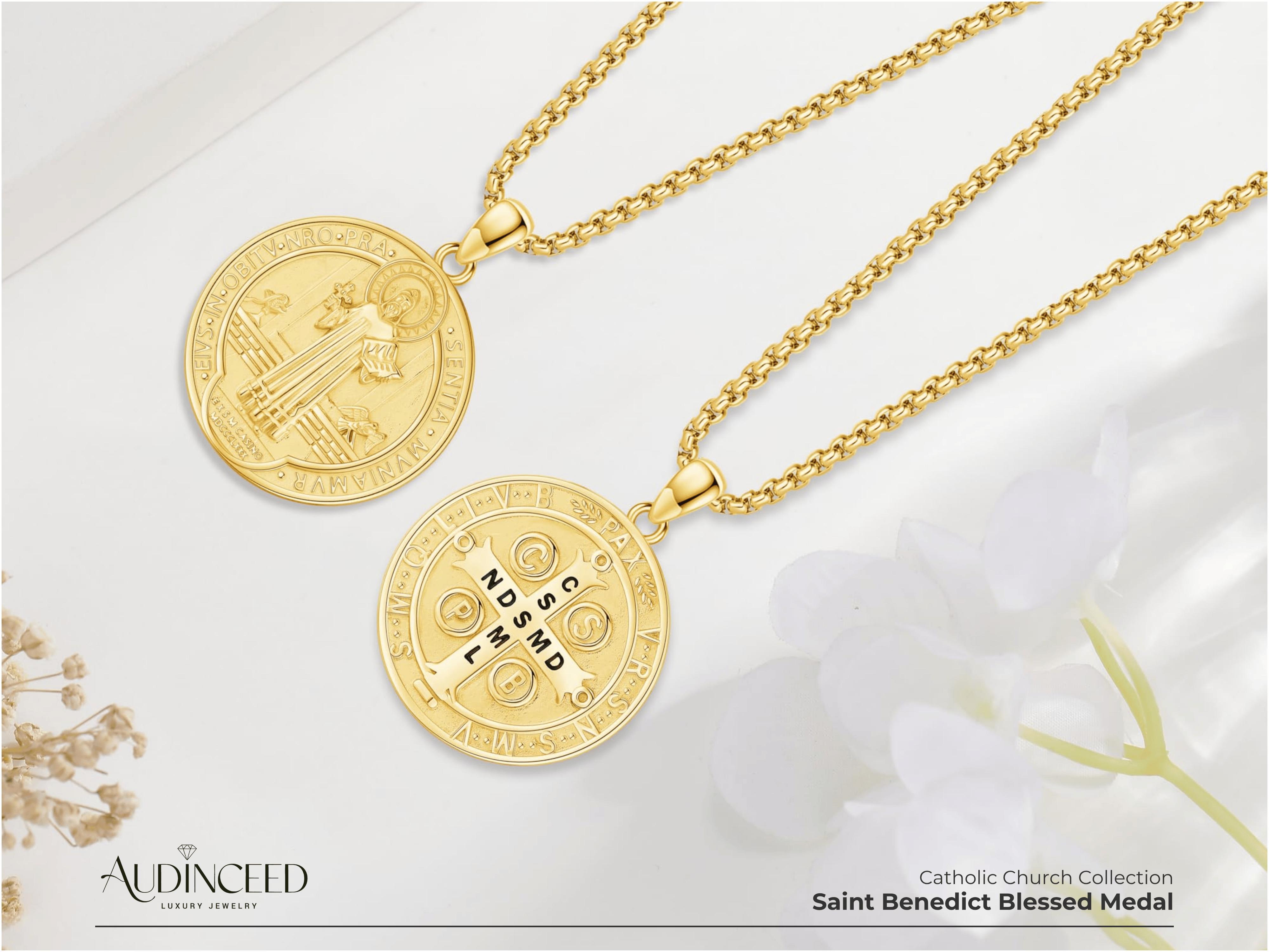 Audinceed St Benedict Coin Pendant Necklace S925 Sterling Silver San Benito Necklace Religious Inspired Jewelry Christian Gift for Men Women Teens Birthday Anniversary