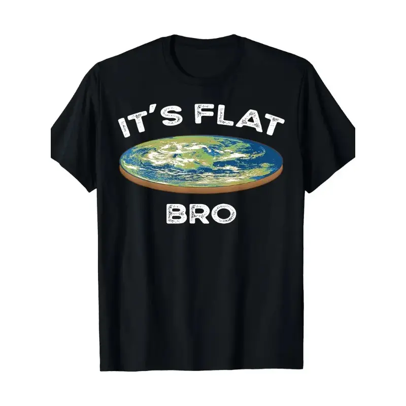 Men's "It’s Flat Bro" Flat Earth Conspiracy Theory Graphic Print Tee - Short Sleeve, Round Neck, Fitted Relaxed Fit, Soft Breathable Cloth, Cotton Fabric, Comfy Casual Top, Black, Reinforced Stitch