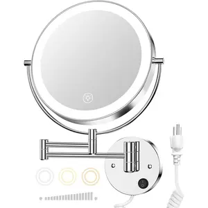 9" Wall Mounted Lighted Magnifying Mirror, 1X/10X Magnification Double-Sided LED Bathroom Mirror, 3 Color Lights & Stepless Dimming with Touch Sensor, Extendable Arm 360? Swivel for Shaving