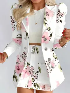 Women's Two-Piece Suit Jacket and Skirt Set, Lapel Design, Double-Breasted, Front Decoration, Daily Wear, Fashionable and Stylish