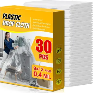 30 Pack Plastic Drop Cloth, 9x12 Ft Plastic Sheeting for Painting, Dust-Proof -Resistant Painters Plastics Tarp Cloth for Furniture Floor Sofa Protector Cover Durable & Thick