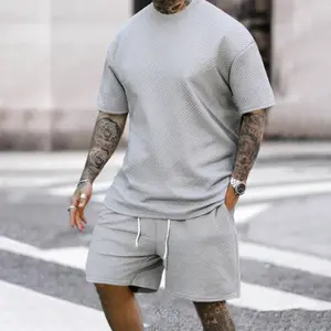 Men's Light Gray Textured Men 2 Piece Sets | Casual Summer Streetwear Short Sleeve Tee & Shorts Outfit Shortsleeve