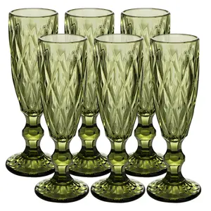 Vintage Glass Champagne Flutes Set of 6, 5 Ounces Embossed Wine Glasses Green Sparkling Wine Water Goblets for Champagne, Cava, Prosecco, Party, Anniversaries, Bar