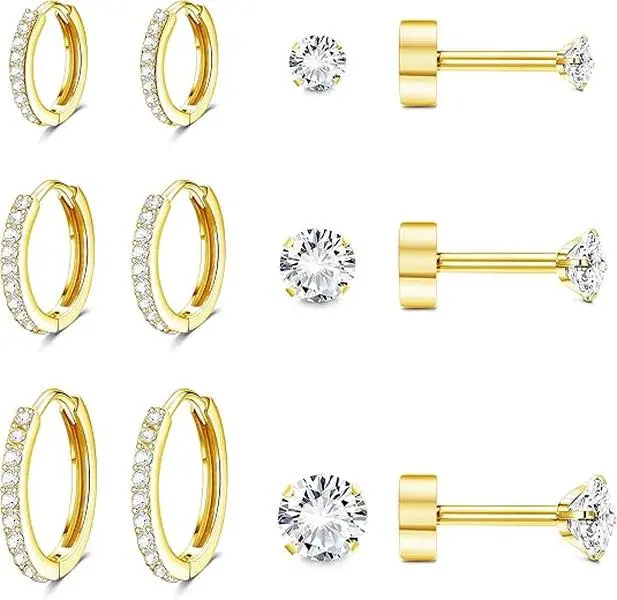 Small Tiny Stud Flat Back Earring Hypoallergenic Gold Studs 14K Surgical Steel Earring Sets for Multiple Piercing Cartilage Hoop Earrings