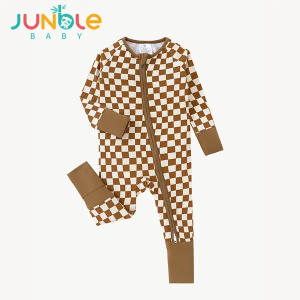 JUNBLEBABY Unisex Baby Retro Checkered Stretch Bamboo Bodysuit with 2-Way Zipper and Convertible Footies