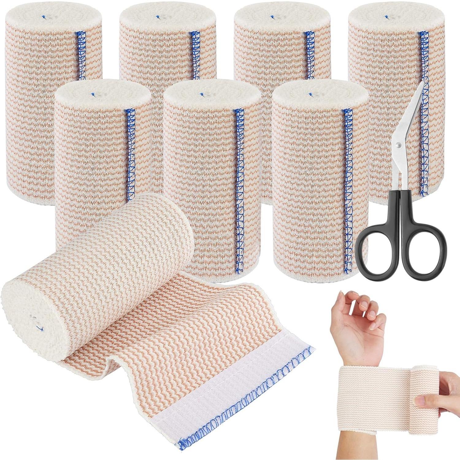 Pack of 8 Elastic Bandages,Elastic Bandage Cotton with 1 Scissors,Compression Bandage with Self-Adhesive Velcro Strap,Elastic Bandages for Arm,Leg or Chest Injuries,Camping Equipment