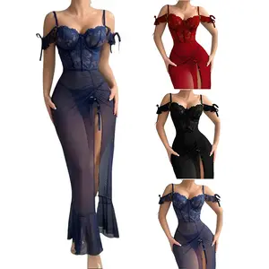 Women's Lingerie Long Slit Nightgown Sheer Mesh Lace Chemise Elegant Split Thigh Dress Nightwear Nightdress