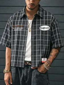 Men's Vintage Plaid Checked Short Sleeve Shirt, Simple California Logo, Inspirational English Graphic Print, Comfortable Fit, Versatile Style
