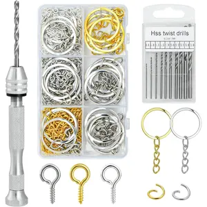 Pin Vise Hand Drill Set, 670 Pcs Steel Manual Hand Drill Kit with 10 Pcs Drill Bits, Small Screw Eye Hooks, Keychain Rings for Jewelry Keychain Making and Crafts